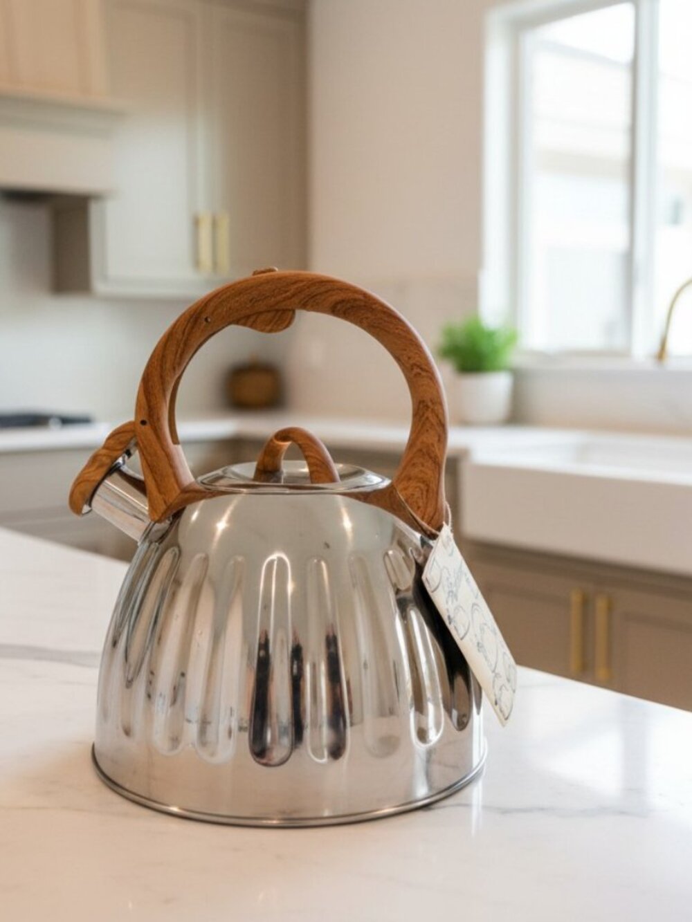 Balduzzi Italian Style Stainless Steel Tea Kettle Faux Wood Soft Handle NEW